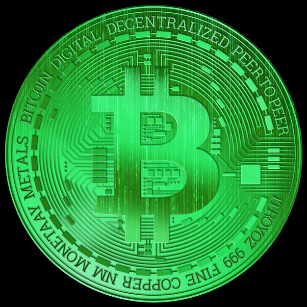 Moneta bitcoin verde ologramma su sfondo nero isolare sfondo creativo. Criptovaluta, e-commerce. Rendering 3D, illustrazione 3D.