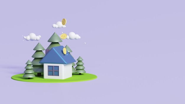 moneta cade in un porcellino a casa risparmiando soldi per l'acquisto di una casa rendering 3D