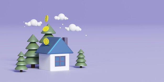 moneta cade in un porcellino a casa risparmiando soldi per l'acquisto di una casa rendering 3D