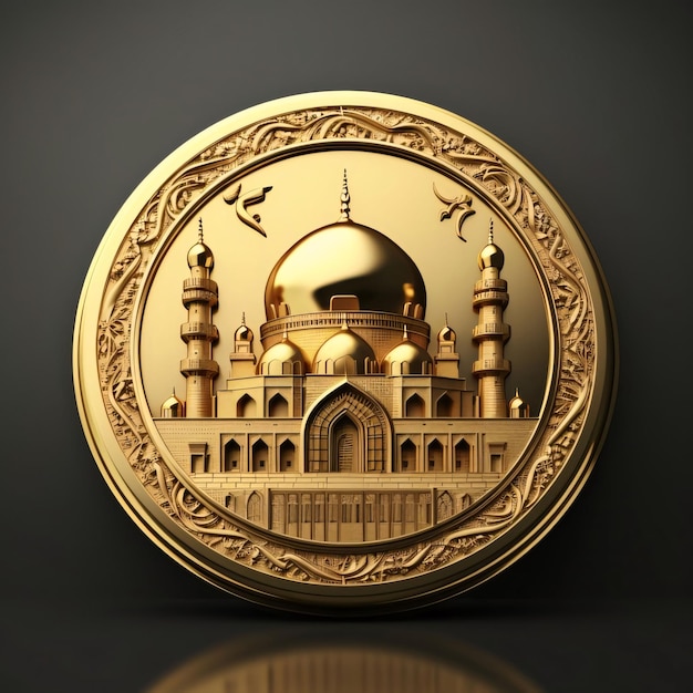Moneta con l'immagine di una moschea sullo sfondo scuro Moschea come luogo di preghiera per i musulmani