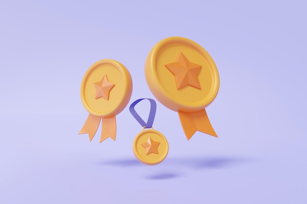 Moneta d'oro 3D con il concetto del primo vincitore del campione della stella Cartoon minimo carino liscio Miglior premio assicurazione del gioco garanzia di qualità premium galleggiante su sfondo viola pastello illustrazione di rendering 3D