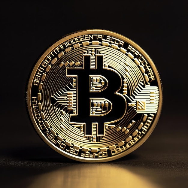 Moneta d'oro Bitcoin BTC con sfondo studio scuro