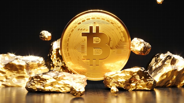 Moneta d'oro Bitcoin con un pezzo d'oro