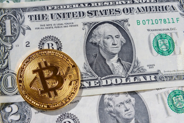 Moneta d'oro bitcoin e due banconote in dollari americani