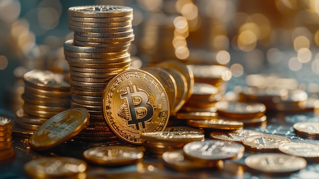 Moneta d'oro Bitcoin e sfondo del grafico sfocato concetto di criptovaluta virtuale