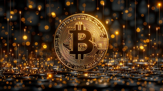 Moneta d'oro Bitcoin e sfondo del grafico sfocato concetto di criptovaluta virtuale