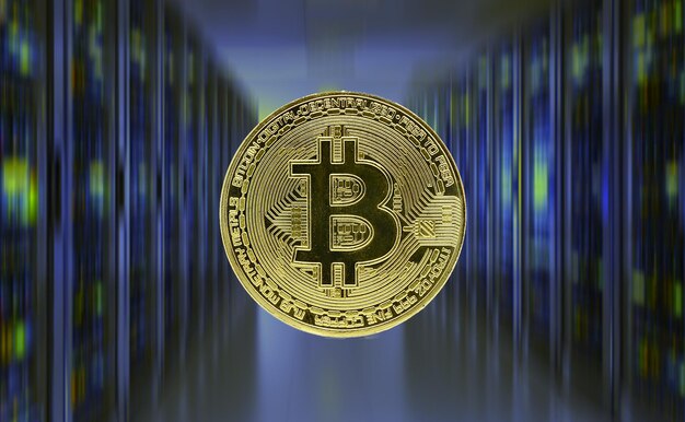 Moneta d'oro Bitcoin e sfondo sfocato, concetto di criptovaluta virtuale.