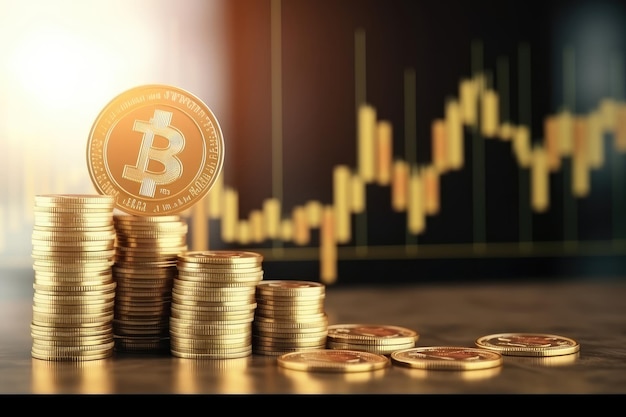 Moneta d'oro Bitcoin su una pila di monete con sfondo grafico forex