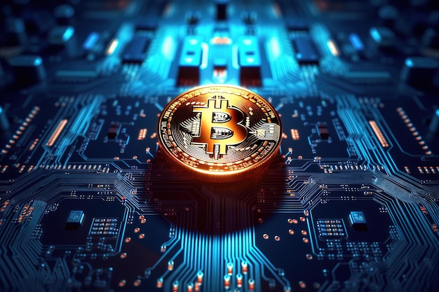 Moneta d'oro con il logo Bitcoin su una scheda computer blu Cyberspace Business Investment