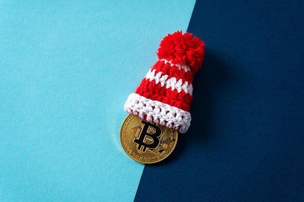 Moneta d'oro con segno bitcoin con berretto natalizio su sfondo blu. Estrazione di criptovalute. Vista dall'alto.