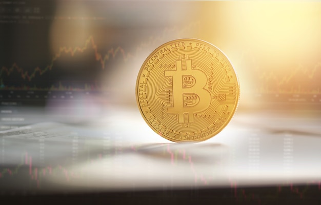 Moneta d&#39;oro di Bitcoin sul fondo defocused del grafico