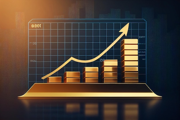 Moneta d'oro e freccia con un grafico a freccia di tendenza al rialzo Mercato degli investimenti di trading di tendenza al rialzo AI generativo