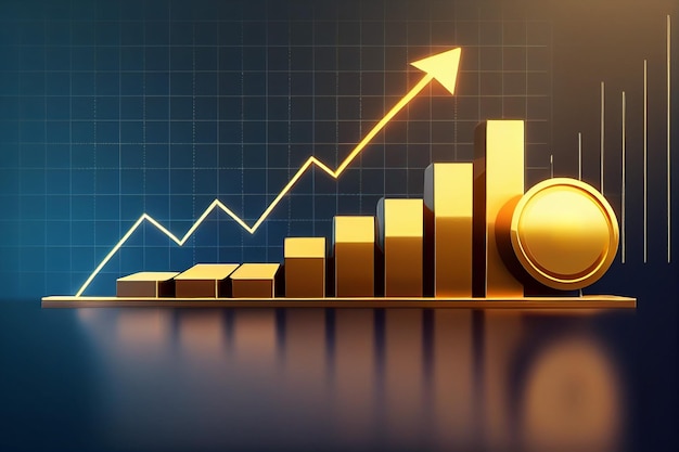 Moneta d'oro e freccia con un grafico a freccia di tendenza al rialzo Mercato degli investimenti di trading di tendenza al rialzo AI generativo