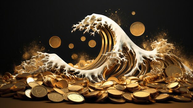 Moneta d'oro soldi onda cripto mare concetto finanza metaverso affari pubblicità digitale 3D moneta soldi valuta oro ricco tassa oro scambio di contanti online futuristico pagare profitto tecnologia AI generativa