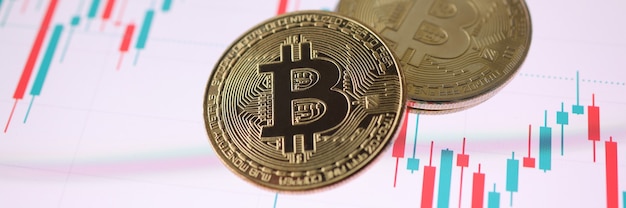 Moneta di criptovaluta bitcoin d'oro che giace sul grafico di trading. Concetto di scambio di criptovaluta