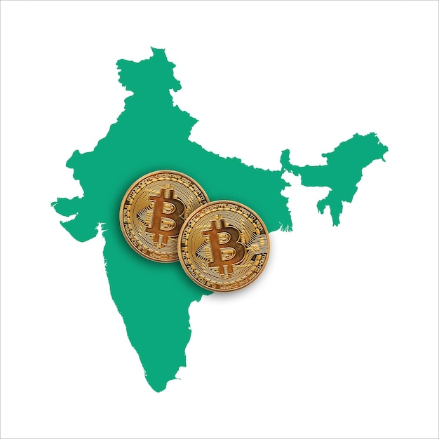 Moneta di criptovaluta Bitcoin su una mappa dell'India