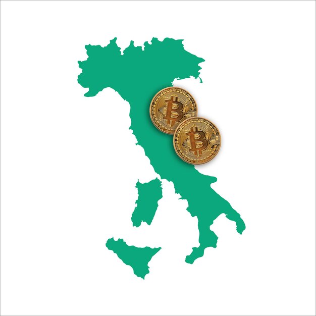 Moneta di criptovaluta Bitcoin su una mappa dell'italia