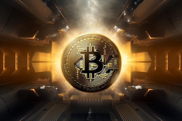 Moneta di criptovaluta Bitcoin sullo sfondo di un'astronave futuristica