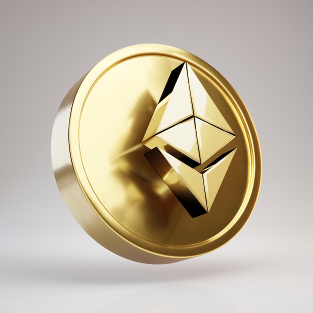 Moneta di criptovaluta Ethereum. Moneta di rendering 3d in oro con simbolo Ethereum isolato su sfondo bianco.