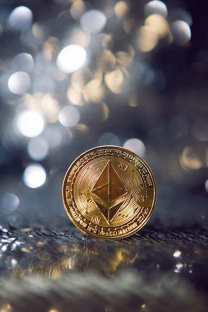 moneta di ferro d'oro ethereum su sfondo argento lucido