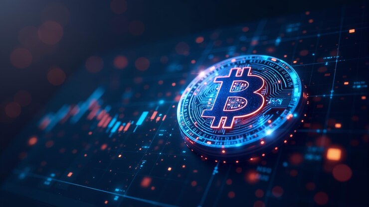 Moneta digitale bitcoin che illumina un paesaggio finanziario virtuale con tendenze di dati luminosi