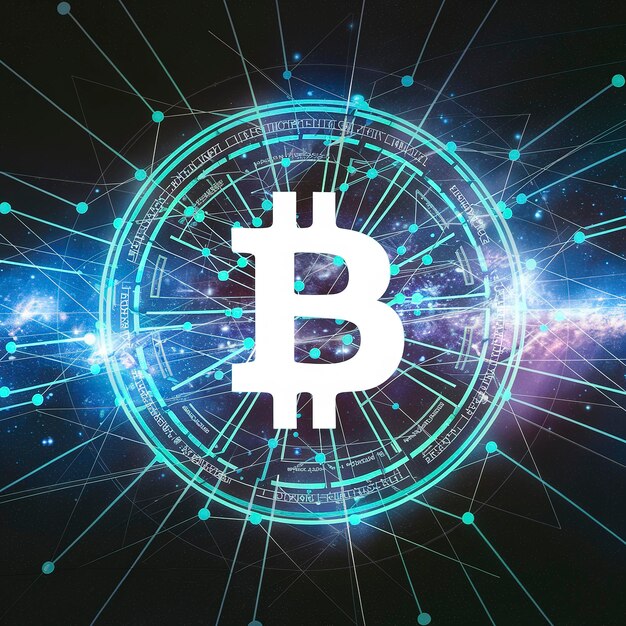 Moneta digitale con simbolo bitcoin e concetto di connessione di rete