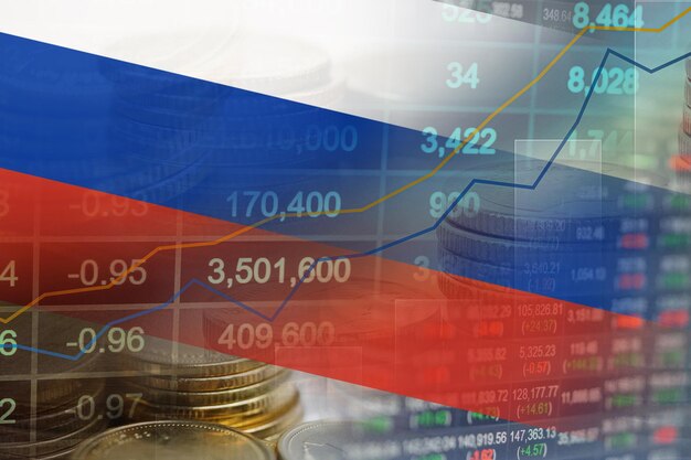 Moneta finanziaria di scambio di investimenti nel mercato azionario e bandiera della Russia o Forex per analizzare lo sfondo dei dati di tendenza di affari di finanza di profitto