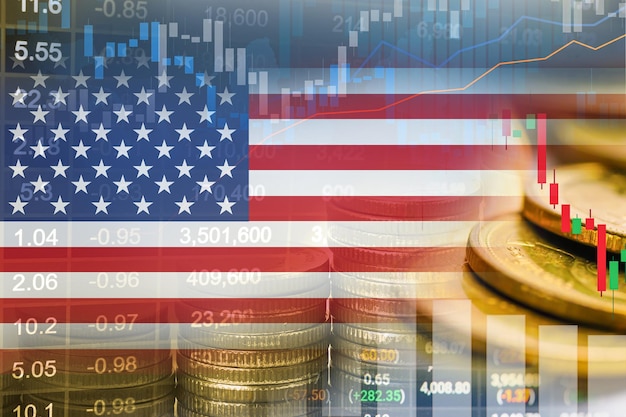 Moneta finanziaria di scambio di investimenti nel mercato azionario e bandiera USA America o Forex per analizzare lo sfondo dei dati di tendenza del business della finanza di profitto