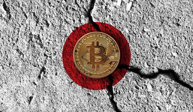 Moneta in criptovaluta Bitcoin con restrizioni crittografiche della bandiera del Giappone incrinate