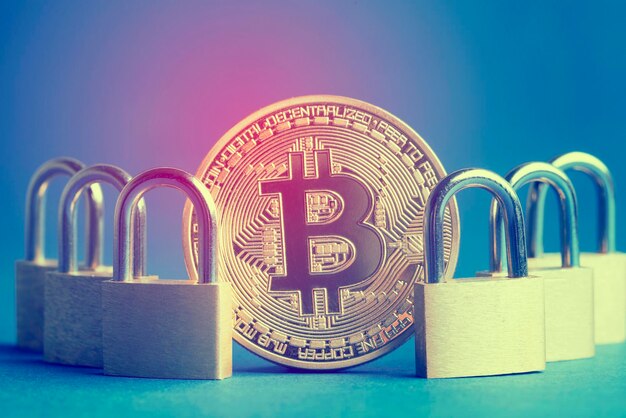 Moneta in valuta Bitcoin con un lucchetto Concetto di sicurezza della valuta digitale