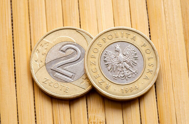 Moneta polacca due monete di 2 zloty 2 zloty monete oggetto macro dettaglio primo piano estremo nessuno Moneta mondiale