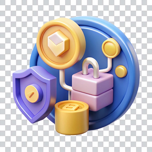 Monete 3D con sistemi di protezione finanziaria concetto web token criptografici digitali