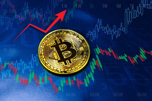 Monete Bitcoin sul grafico commerciale del diagramma graficosimbolo del denaro virtuale elettronico e dell'estrazione mineraria