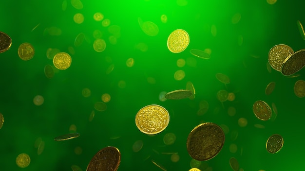 Monete che cadono in aria con sfondo verde