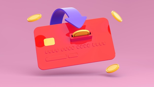 Monete con carta di credito o di debito rossa e freccia su sfondo rosa bancomat senza contanti