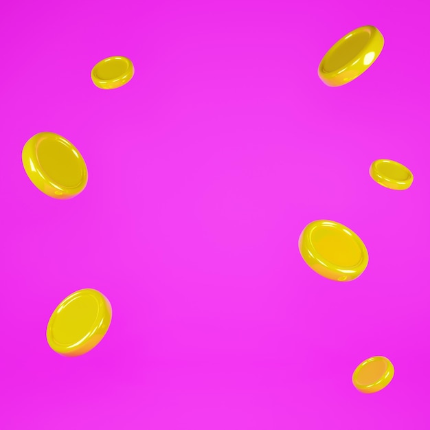 Monete d'oro cadono simbolo di ricchezza e prosperità carta da parati rosa colorata disegno di illustrazione trendy rendering 3d