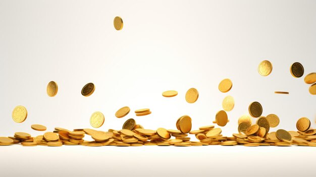 Monete d'oro che cadono sullo sfondo bianco, immagine generata dall'AI