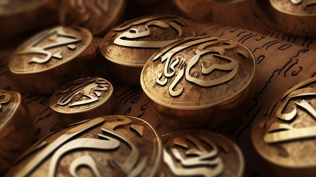 Monete d'oro con calligrafia araba