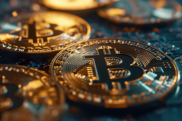 Monete d'oro con simbolo bitcoin concetto di mining bitcoin