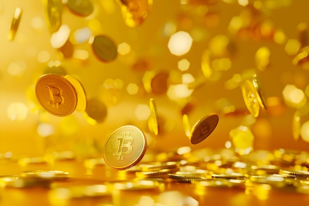Monete d'oro di Bitcoin che cadono su uno sfondo giallo vibrante che rappresenta un investimento
