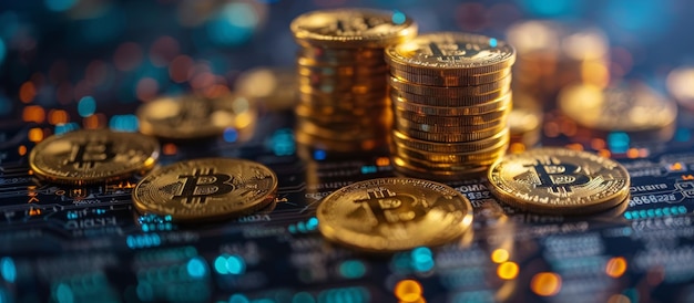 Monete d'oro di Bitcoin impilate con sfondo sfocato