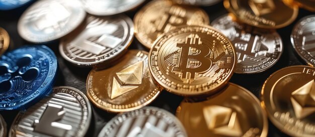 Monete d'oro di Bitcoin impilate con sfondo sfocato