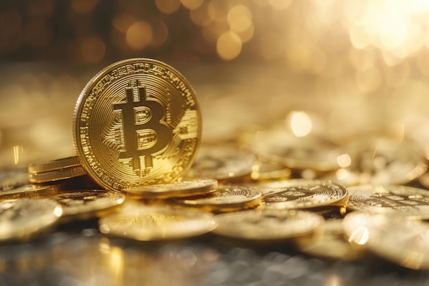 Monete d'oro di criptovaluta Bitcoin impilate a bassa profondità della foto di campo