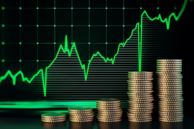 Monete d'oro impilate con grafico forex verde in crescita su sfondo scuro Mercato azionario e concetto commerciale Rendering 3D