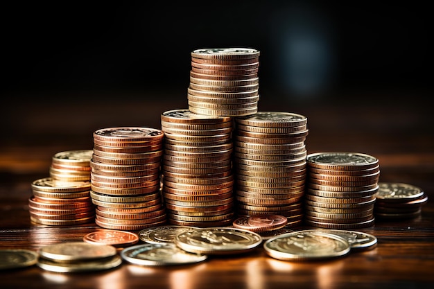 Monete d'oro impilate in colonne idea del sistema finanziario e commerciale il concetto di risparmio accumulati