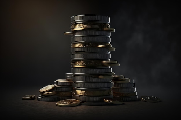 Monete d'oro impilate su uno sfondo scuro che rappresenta un istituto finanziario