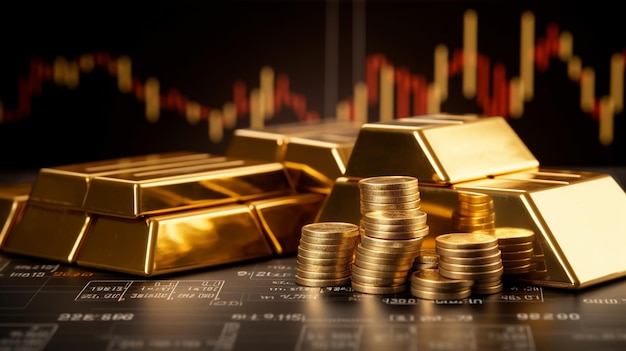 monete d'oro in una scatola di metallo con un grafico dei prezzi d'oro e barre d'oro concetto di crescita finanziaria