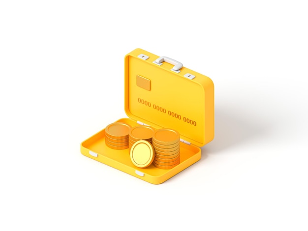 Monete d'oro in valigetta gialla con carta di credito su sfondo bianco isolato rendering 3d