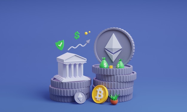 monete di criptovaluta con illustrazione 3d di cassetta di sicurezza moneta di ethereum con rendering 3d di banca