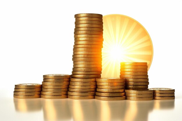 Monete di denaro con luce solare su sfondo bianco